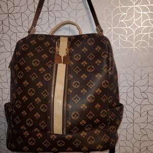 Brown Monogram-Pattern Womens Backpack with Beige Trim